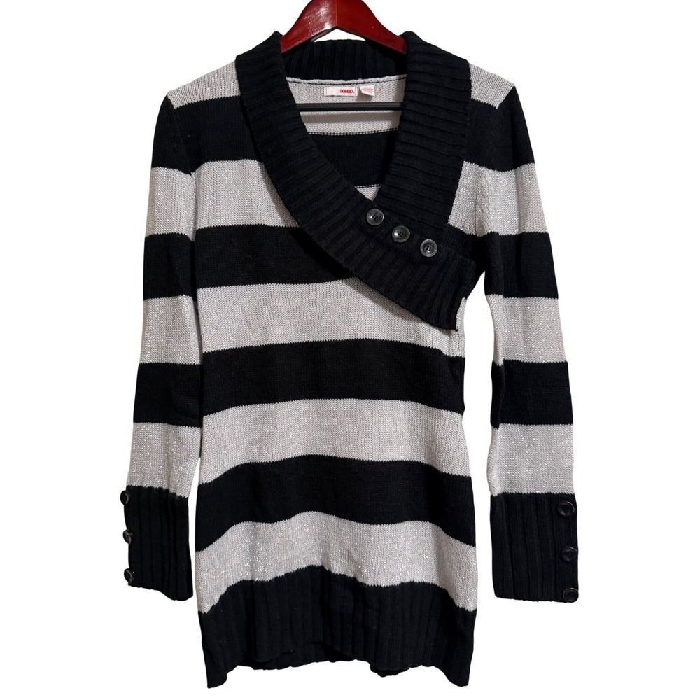 Bongo Womens XL Black Silver Metallic Striped‎ Shawl Neck Tunic Sweater Longline